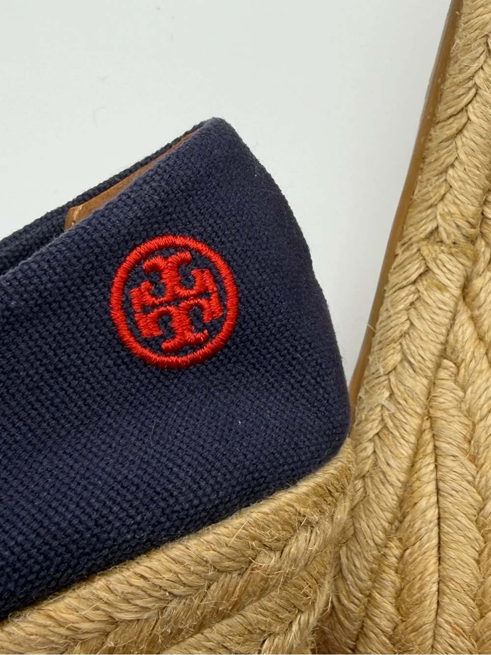 Tory Burch Navy Canvas Espadrille Wedge Peep Toe Heels Women’s 8 Coastal Preppy